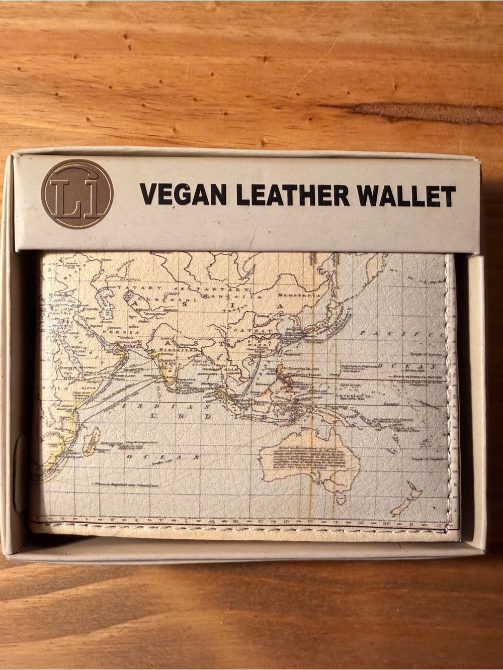 Vegan Leather Wallet with Map Print - Beige